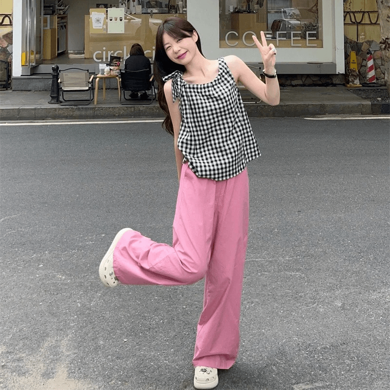 夏季气质显瘦蝴蝶结绑带格子背心女2024新款时尚多巴胺粉色休闲裤