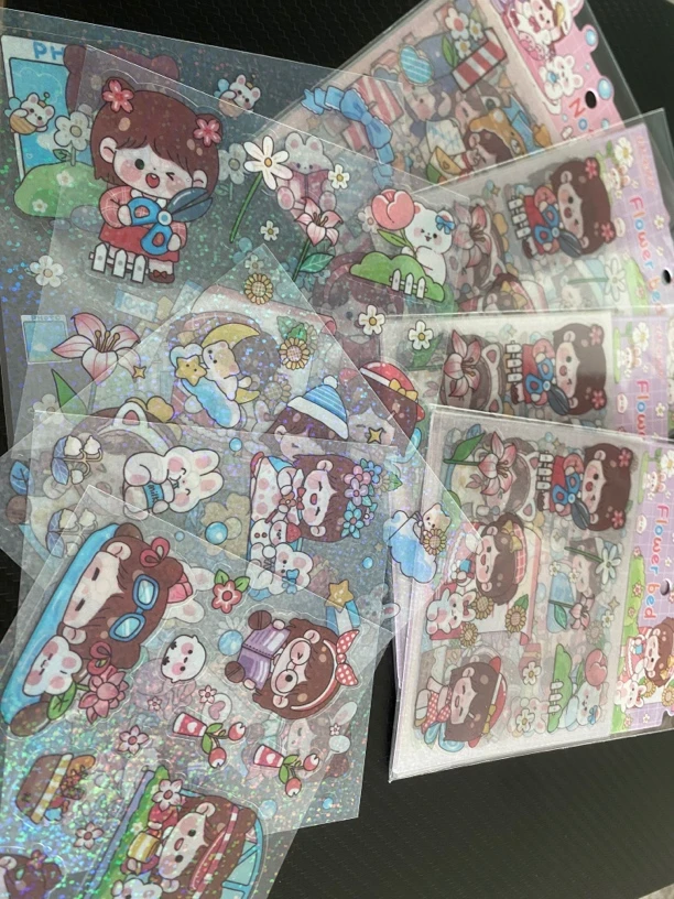 可爱少女贴纸镭射闪光防水贴做手账素材用品背景装饰