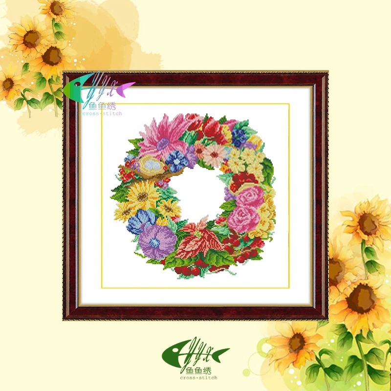 纯棉线印花十字绣套件客厅玄关卧室餐厅简约清新花卉艳丽的花环