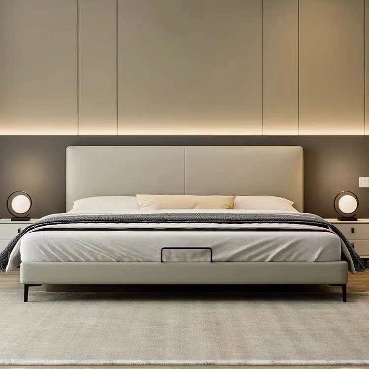 小户型薄床头真皮床现代简约主卧双人豆腐块床极简齐边软包床