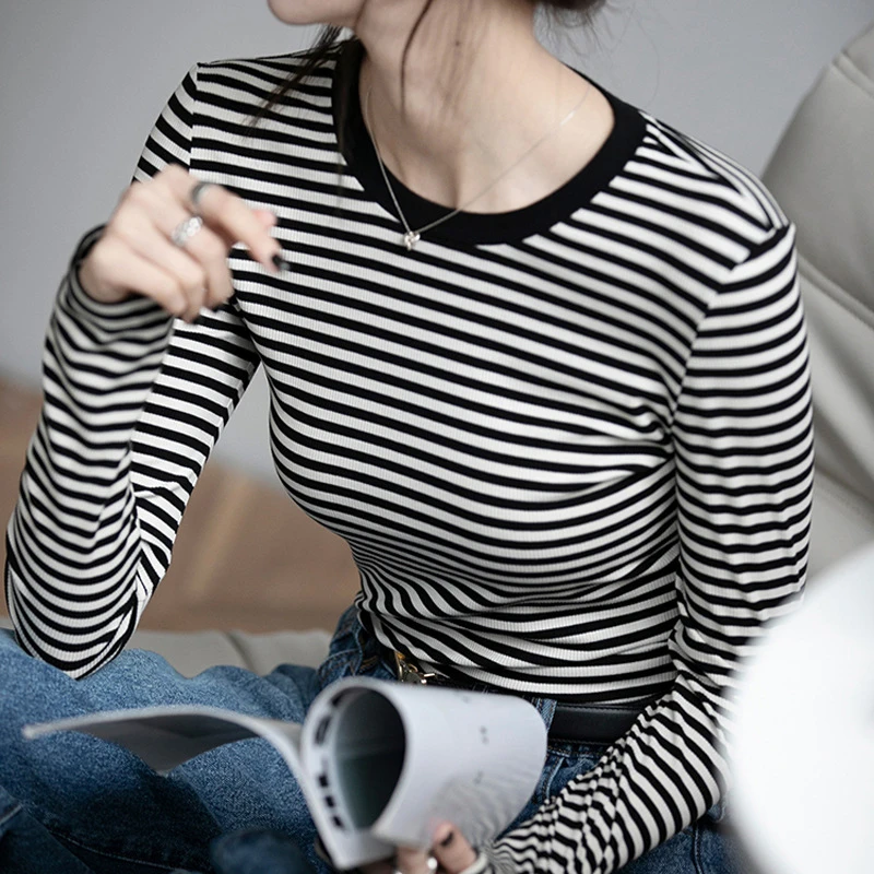 高品纯棉条纹撞色圆领修身打底衫女2024秋季新款长袖百搭内搭T恤