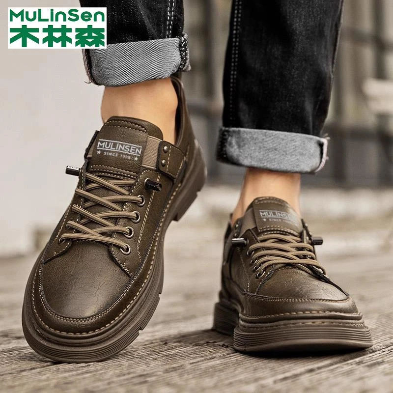 木林森马丁靴男低帮2025新款英伦风正品皮鞋休闲免系鞋带工装短靴