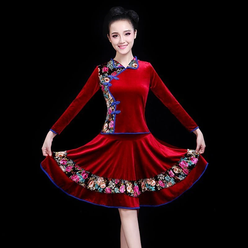 广场舞金丝绒舞蹈服套装秋冬季加厚中老年跳舞演出服装秧歌舞短裙