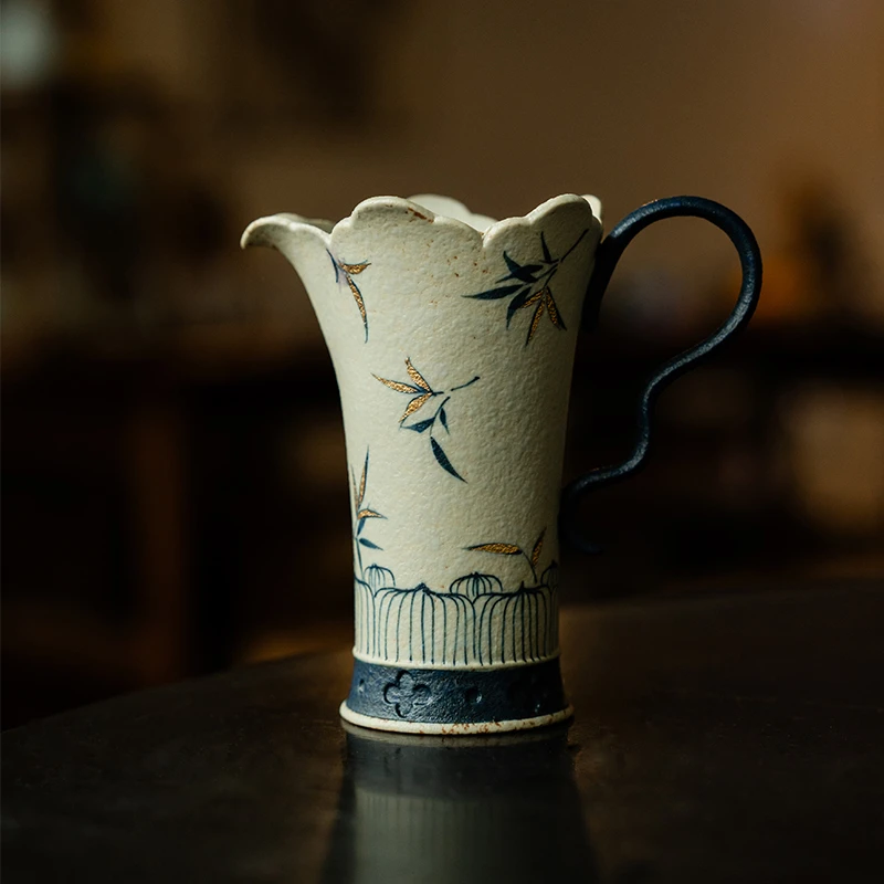 赞朴青花火石红陶瓷公道杯描金纯手绘竹影茶海公杯匀杯分茶器配件