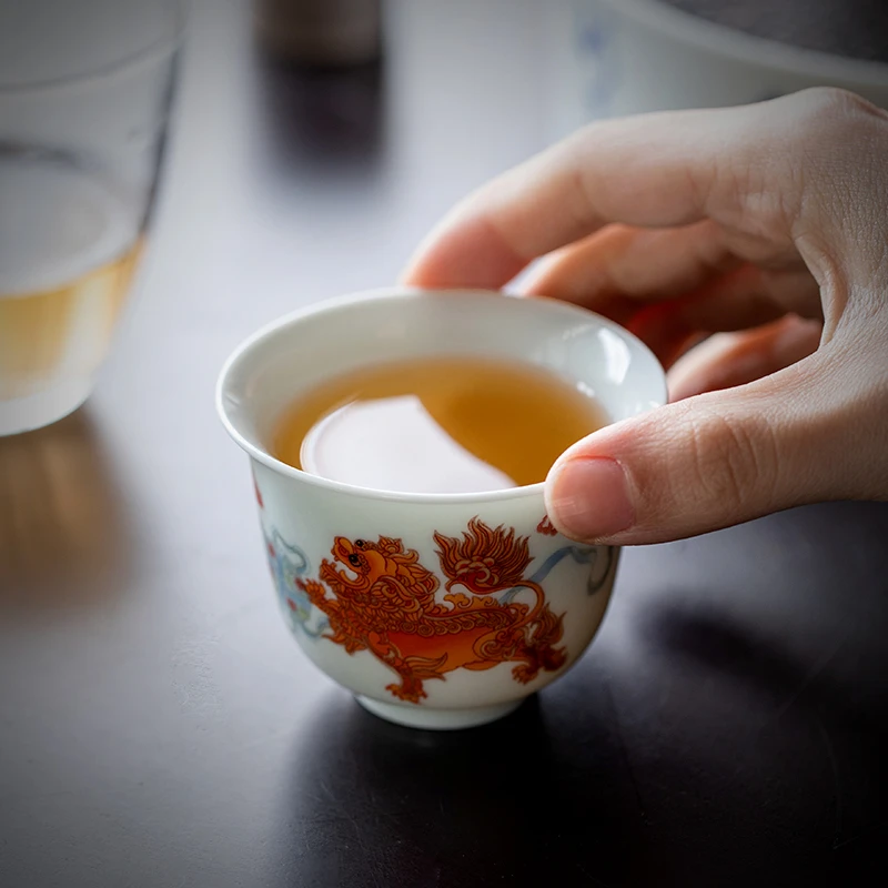 矾红狮子滚绣球陶瓷茶杯品茗杯家用单个喝茶杯功夫茶具主人杯单杯