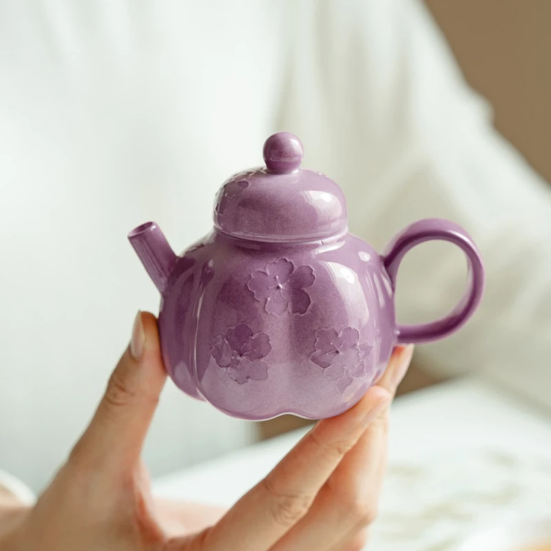 赞朴渐变紫堆雕花瓣南瓜壶陶瓷茶壶茶杯家用泡茶壶品茗杯功夫茶具