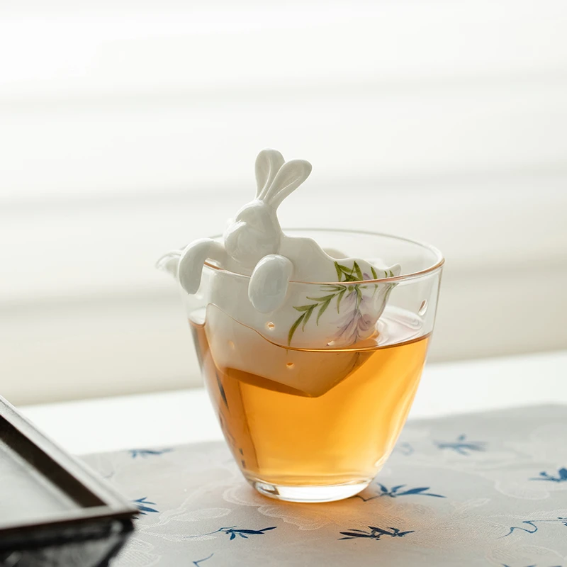 赞朴纯手绘紫藤花小兔子过滤器泡茶杯茶漏茶滤茶叶茶水分离过滤器