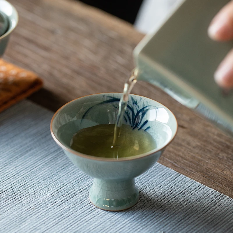 冰片釉手绘梅兰竹菊陶瓷茶杯家用主人杯单个品茗杯功夫茶具高脚杯