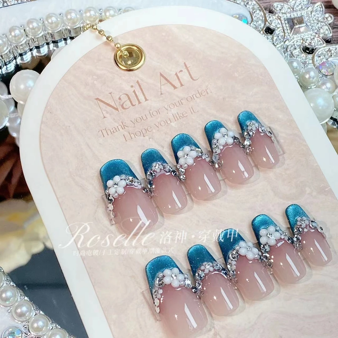 【月下繁花】仙仙款纯手工高级穿戴甲美女网红显白爆款简约裸色猫眼