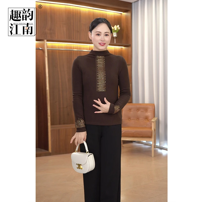 趣韵江南妈妈装秋冬重工镶钻打底衫中老年女保暖德绒半高领小衫