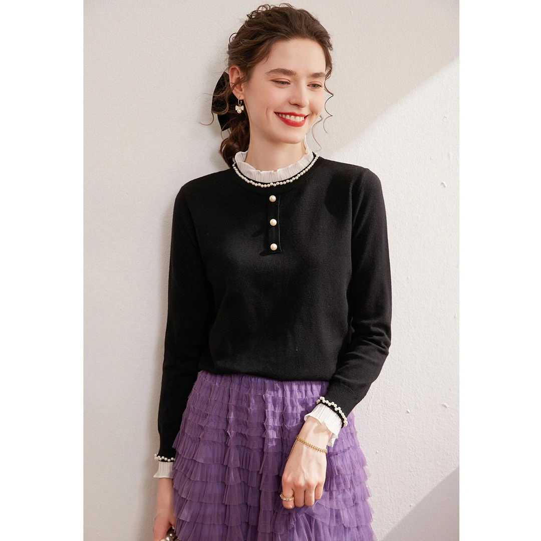 白鹿语冬款时尚钉珠气质撞色花边半高领长袖女装针织衫BX10038