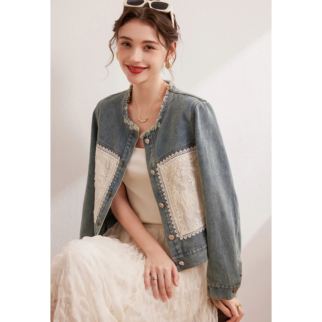 白鹿语秋款时尚撞色蕾丝花边拼接牛仔上衣女外套BL10027