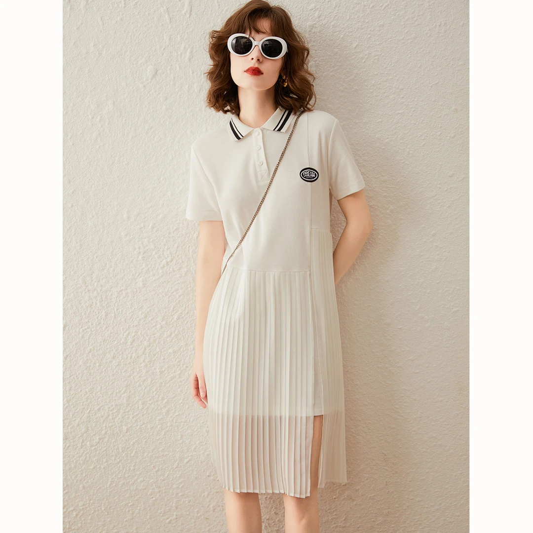 白鹿语夏款时尚减龄运动polo裙短袖学院风百褶拼接连衣裙HU10007