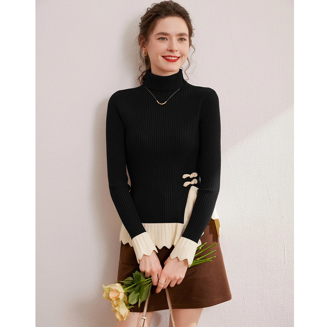 【小云总专属】白鹿语撞色盘扣不规则开叉设计保暖针织衫BX10043