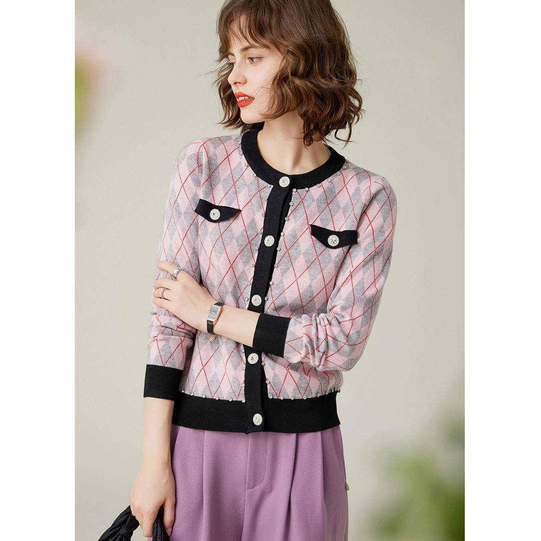 白鹿语秋款时尚气质几何图案撞色拼接开衫优雅女装针织衫HL10117