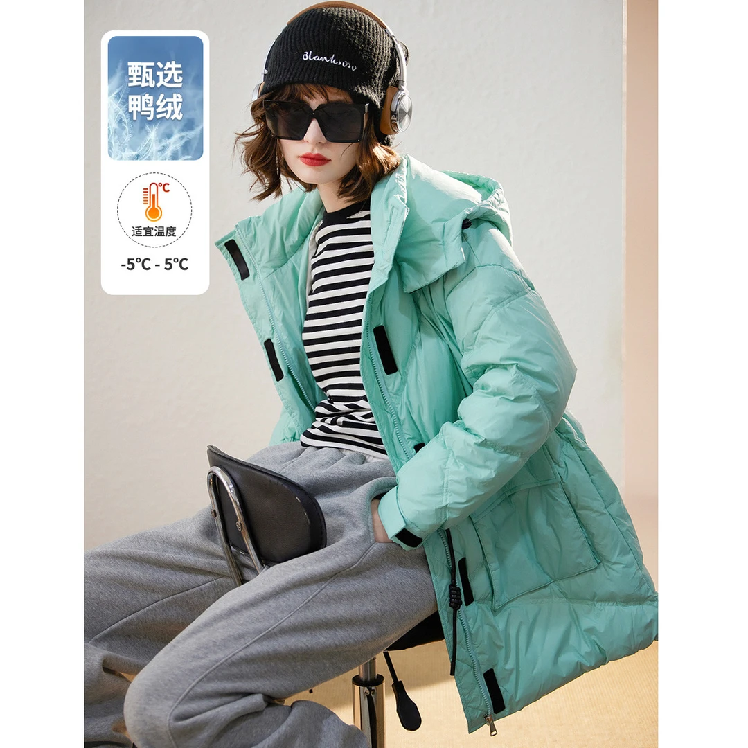 白鹿语冬款简约连帽抽绳大口袋时尚保暖韩版鸭绒羽绒服BX30035