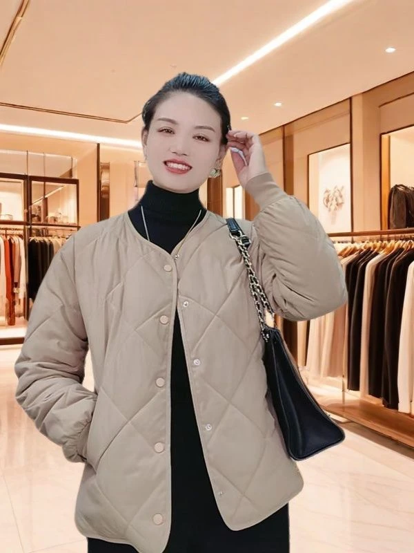 【04升级版】秋冬百搭款外套圆领菱形格大码韩版棉服轻薄棉服女短款