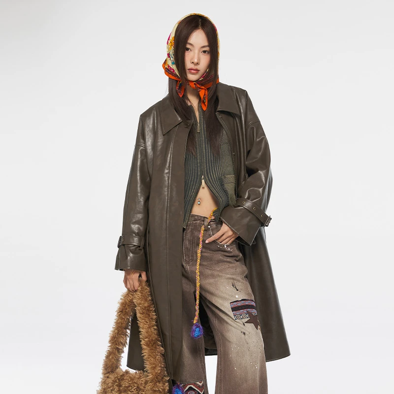 DNT/韩火火 新款个性街头时髦复古感满满中长款皮风衣外套2024冬