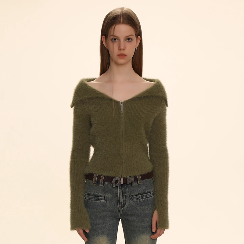 DNT/韩火火 一字领拉链针织衫长袖大翻领露肩辣妹修身显瘦秋冬新