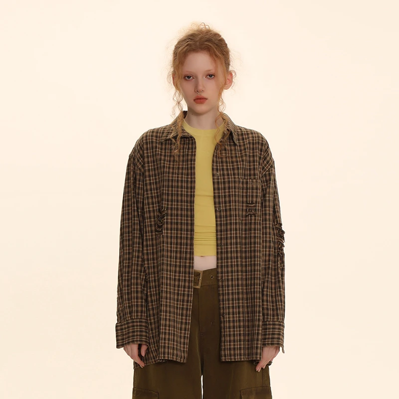 DNT/韩火火 街头破洞格子衬衫长袖情侣设计感美式宽松休闲秋季新