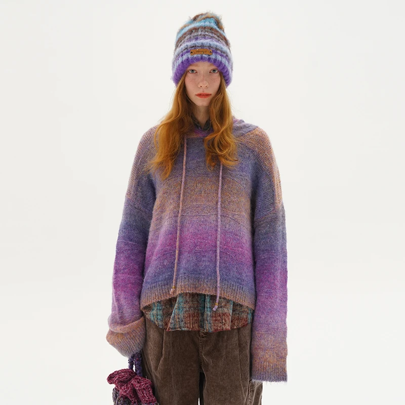 DNT/韩火火 美式复古软糯温柔系渐变色连帽抽绳针织套头毛衣新款