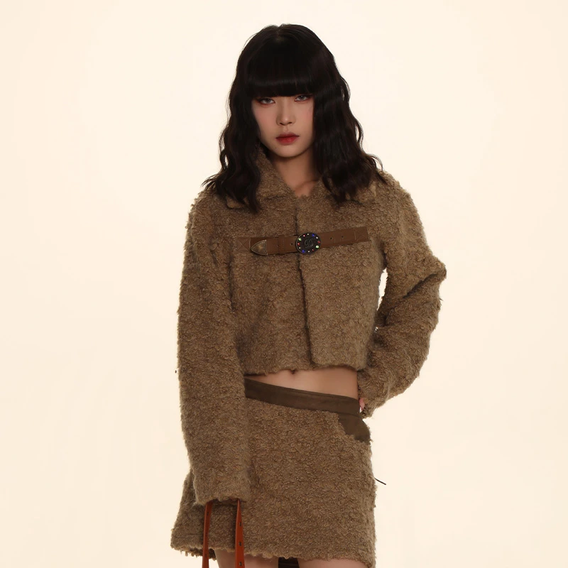 DNT/韩火火 美拉德毛毛翻领短版外套拼接皮带上衣修身休闲秋冬新