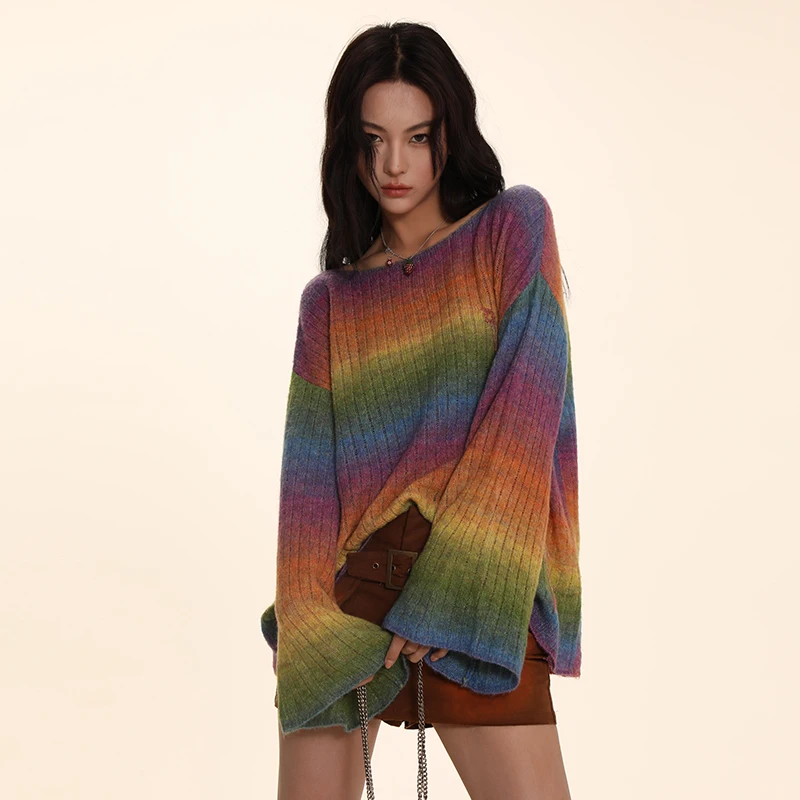 DNT/韩火火 彩虹渐变色喇叭长袖针织衫时髦撞色设计罩衫秋季新