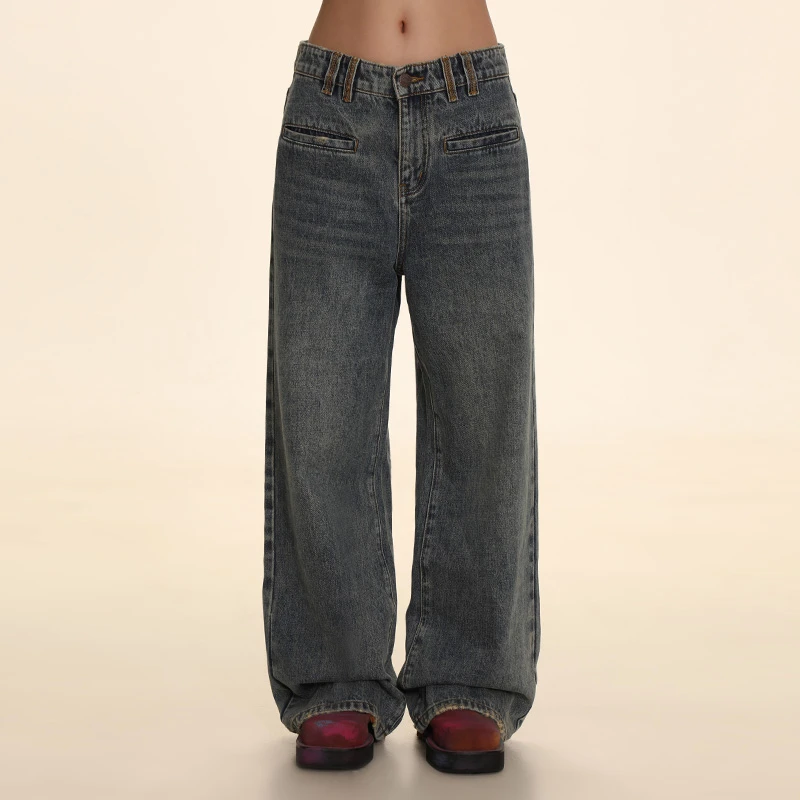 DNT/韩火火 复古做旧喷马骝直筒牛仔裤水洗休闲宽松显瘦春秋新款