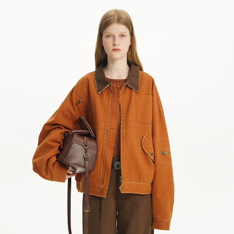 DNT/韩火火 复古硬挺开衫多拉链装饰撞色领子字母贴布绣外套2024