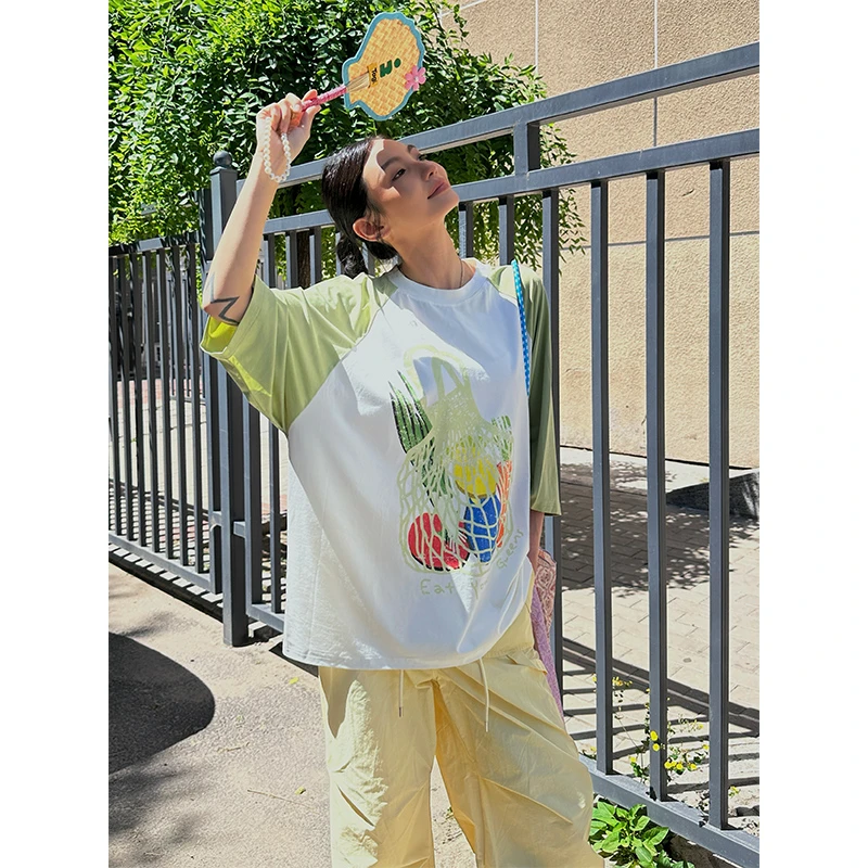 DNT/韩火火 夏日水果系列插肩袖网兜趣味果蓝印花T恤3色可选情侣T