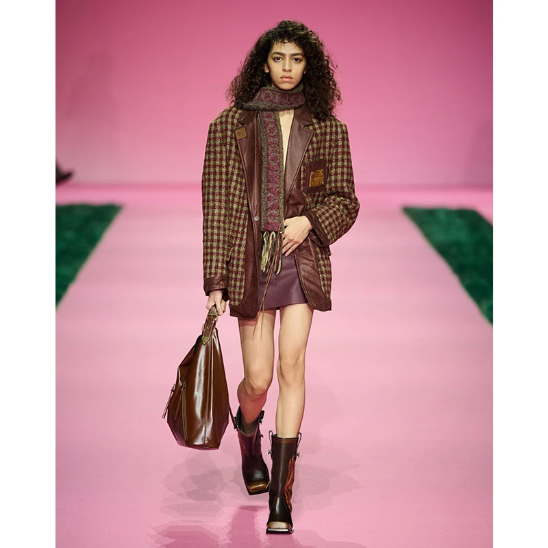 【秀款】DNT/韩火火高级感皮标格子两面穿皮衣西服外套廓形秋冬