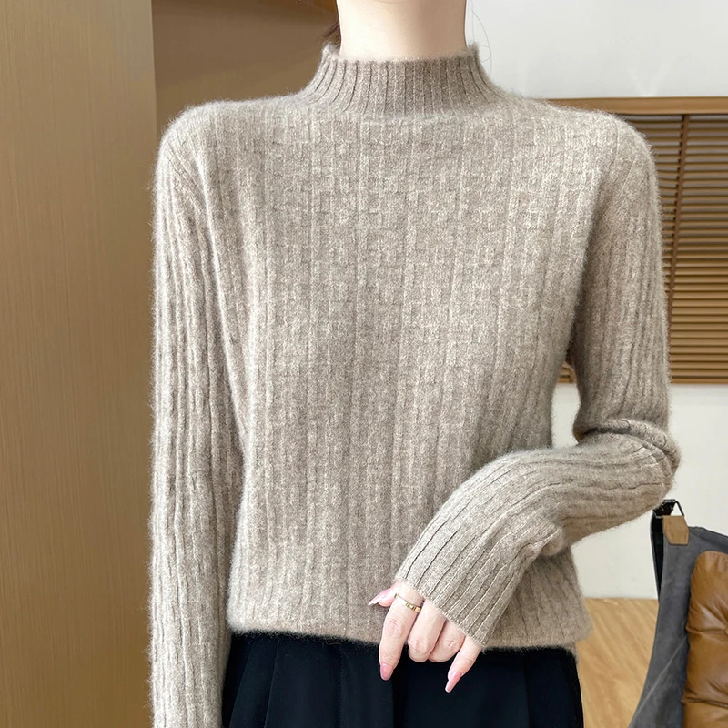 秋冬100纯羊毛衫女半高领针织套头毛衣宽松纯色打底衫长袖上衣潮
