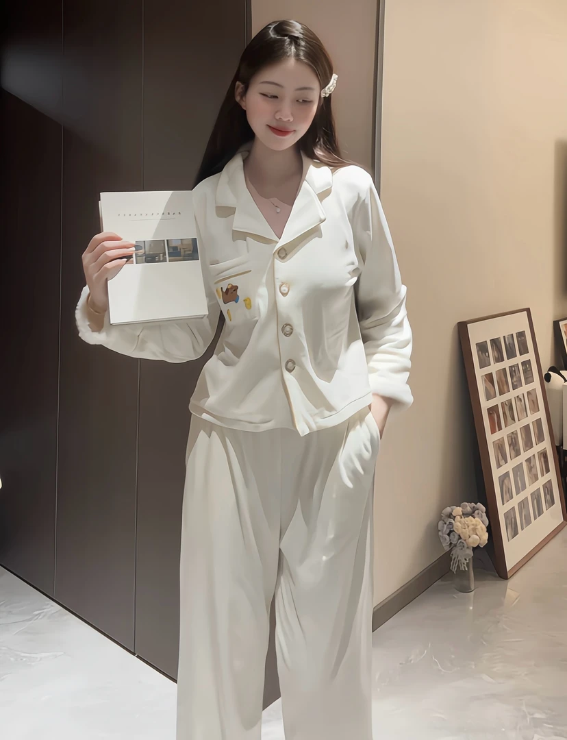(奶昔)秋冬季简约高级海岛绒气质睡衣女保暖家居服套装亲肤可外穿