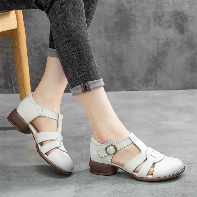 529真皮手工凉鞋平跟软底罗马凉鞋舒适透气包头复古中年女鞋