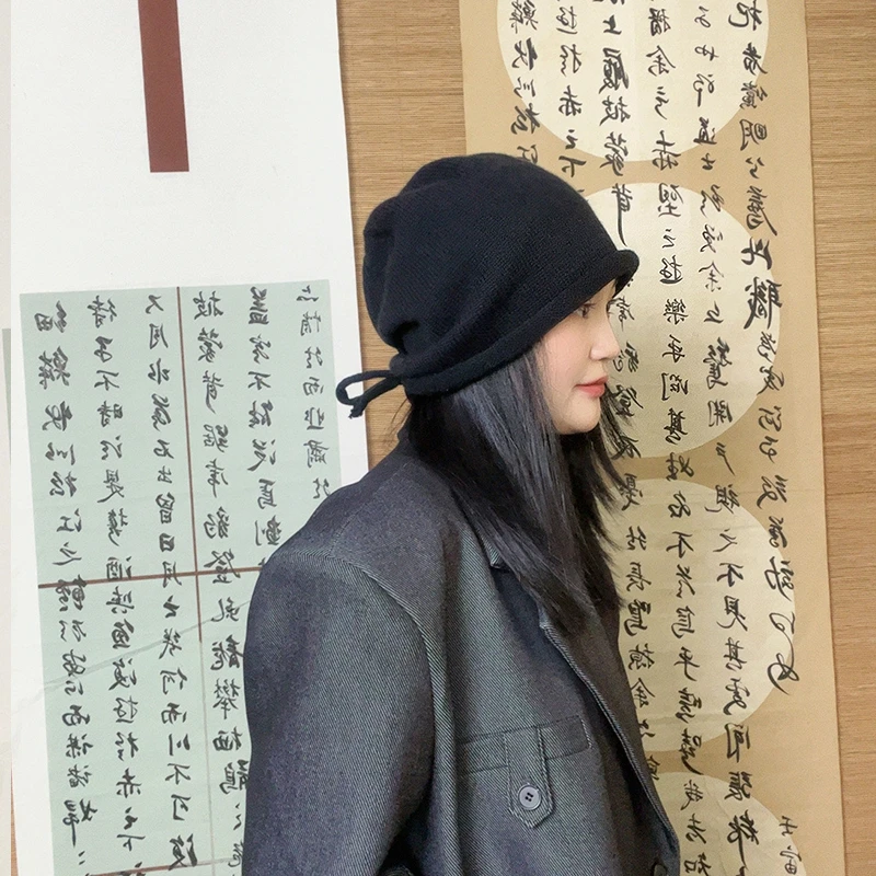 网红抽绳堆堆帽女秋冬凹造型套头包头帽保暖时尚百搭冷帽
