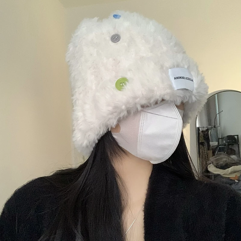 秋冬纽扣仿羊羔毛渔夫帽保暖针织毛线帽