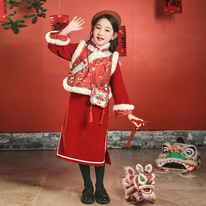女童旗袍儿童民国风旗袍连衣裙套装冬装中国风女孩旗袍拜年服唐装