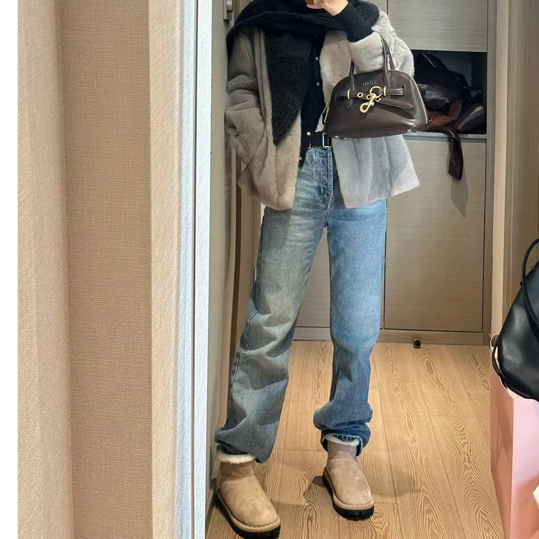 pp家 小树林rose同款  西西里蓝色后裤脚磨破 直筒牛仔裤四季长裤