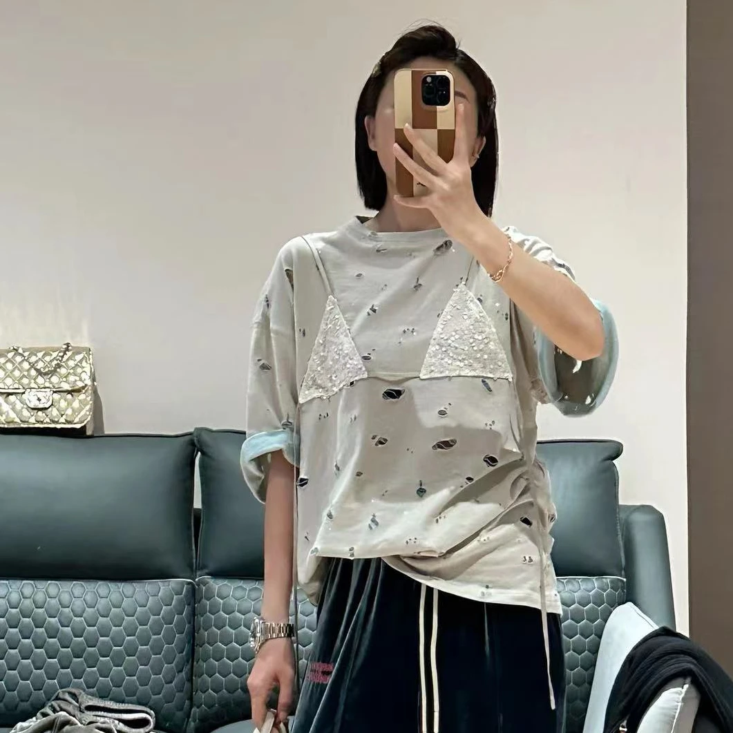 pp家 珠片拼接破洞做旧星光闪闪半袖T恤女士宽松版型圆领纯棉上衣