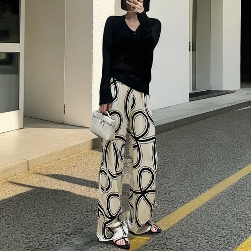 pp家 几何图案天丝亚麻混纺宽腿休闲裤 空调裤垂坠 宽松女士长裤