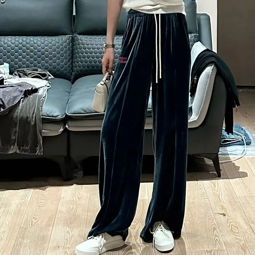 pp家 垂坠 真丝 运动休闲裤抽绳松紧腰logo设计宽松直筒宽腿长裤