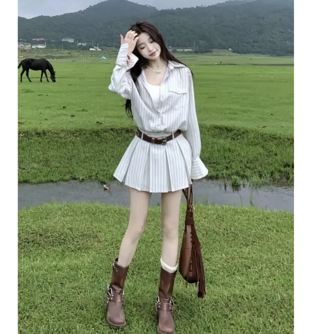 学院风旷野遐想老钱风长袖条纹衬衫连衣裙修身气质设计感收腰裙