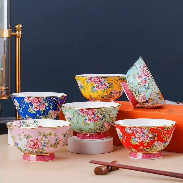 景德镇牡丹花边米饭碗面碗家用中式骨瓷碗高档描金珐琅彩饭碗汤碗