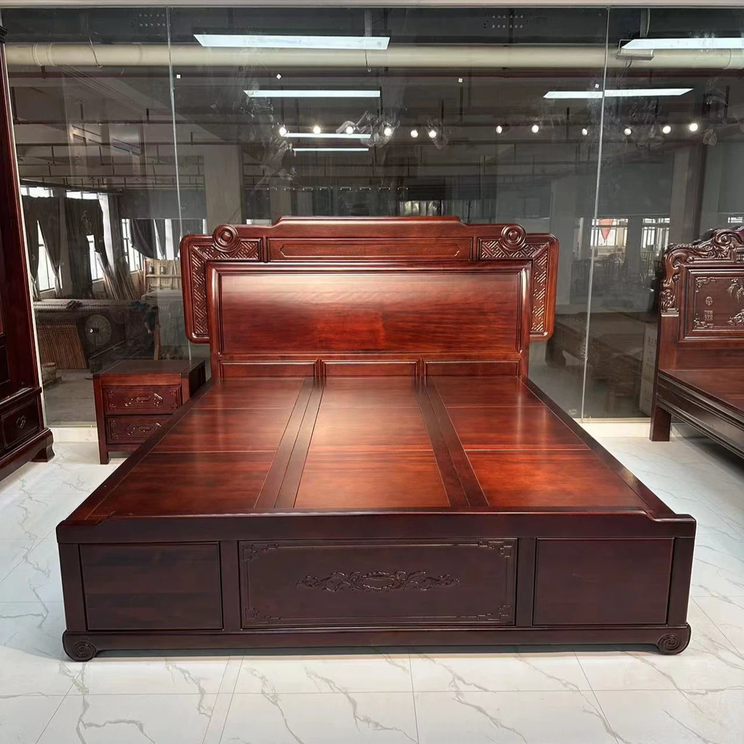 红檀大官帽主卧大床储物高箱全实木新古典雕花新中式榫卯婚房床