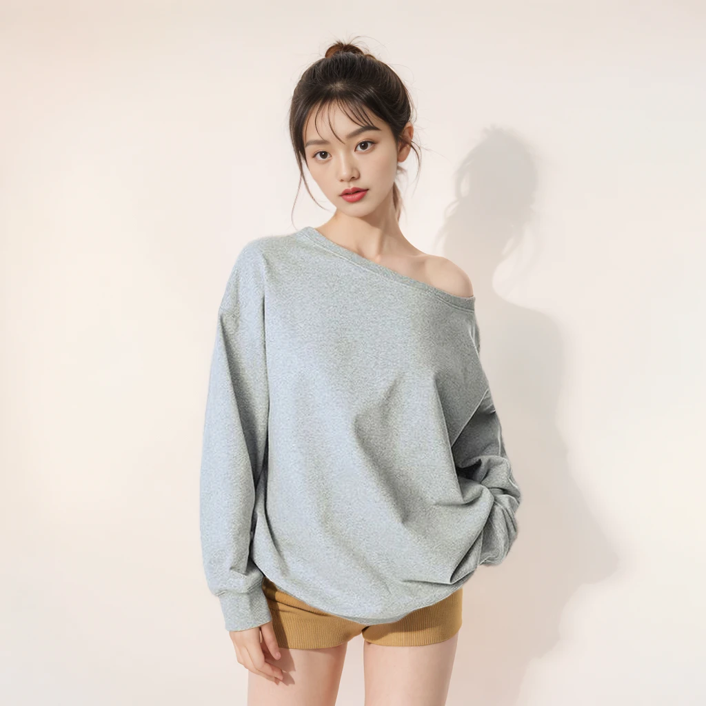 美式慵懒感露肩卫衣女春秋两穿一字肩宽松纯色斜肩休闲百搭上衣潮