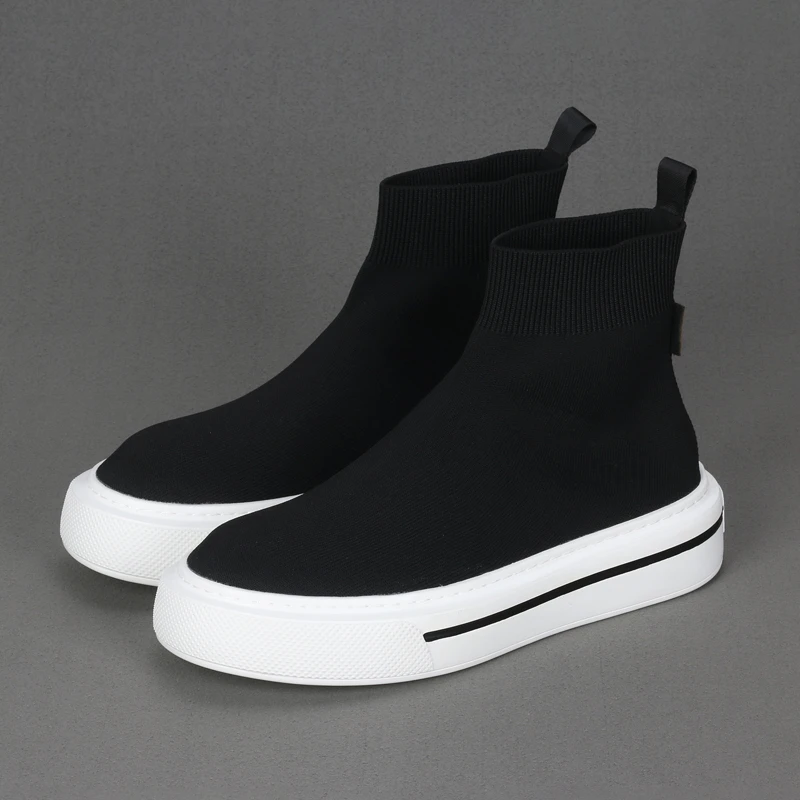 新款男士高帮休闲飞织网布潮鞋时尚百搭轻便舒适黑色袜子鞋一脚蹬