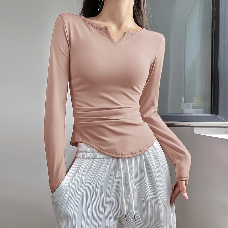 速干运动上衣女V领弹力跑步瑜伽服训练长袖紧身普拉提健身衣秋冬