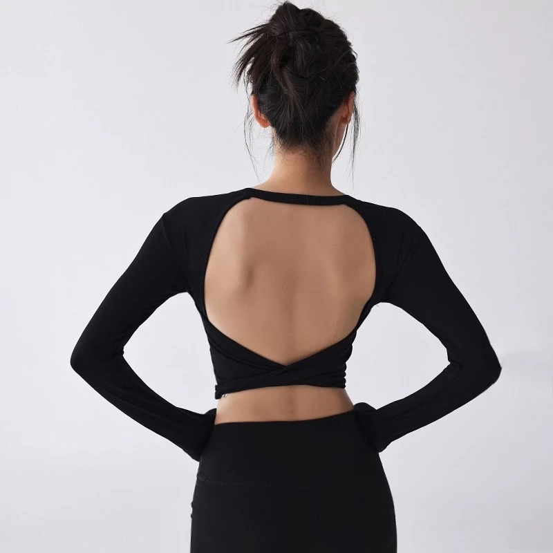 露背健身服女短款带胸垫美背秋新款透气普拉提训练长袖瑜伽服上衣