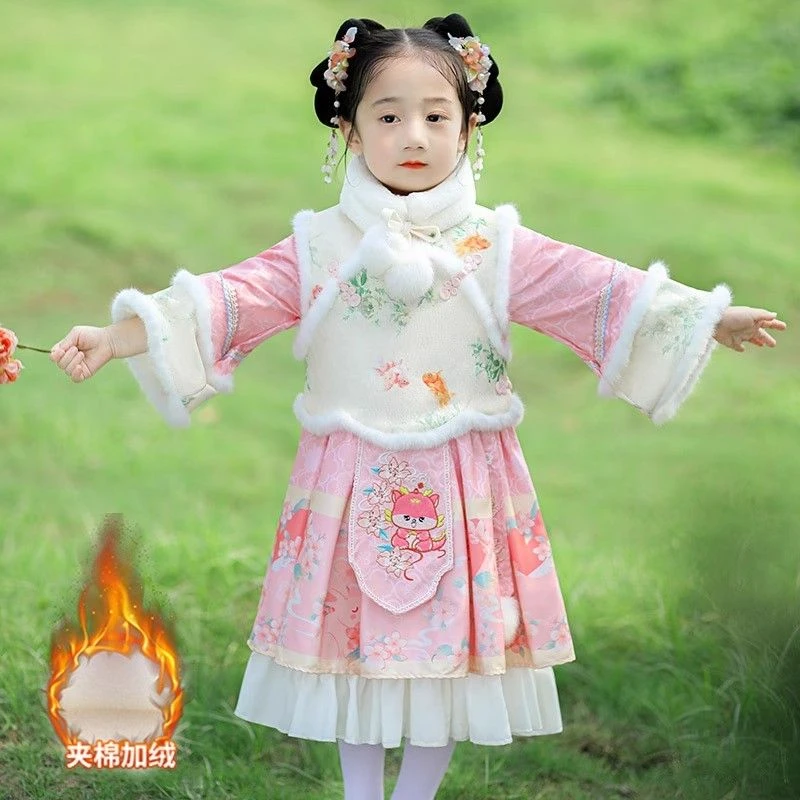 汉服女童冬款新年儿童古装加厚过年冬季唐装2023新款中国风拜年服