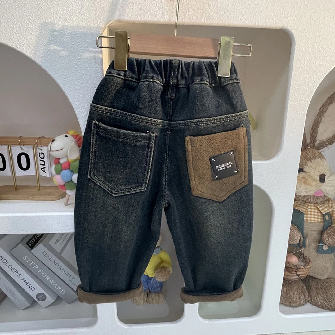男童裤子加绒加厚冬季牛仔裤男宝宝棉裤一体绒冬装儿童秋冬款童装